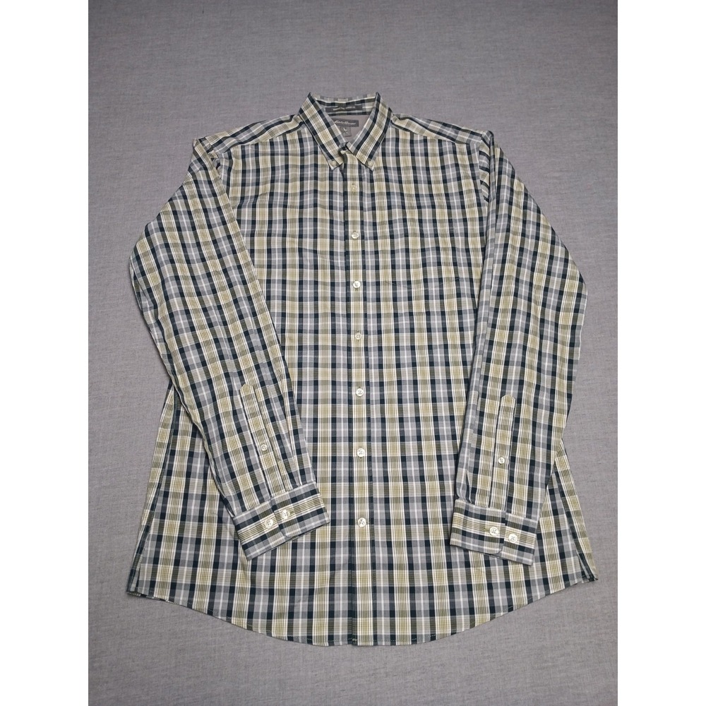 eddie bauer men's lt tall yellow blue plaid wrinkle free classic fit dress shirt